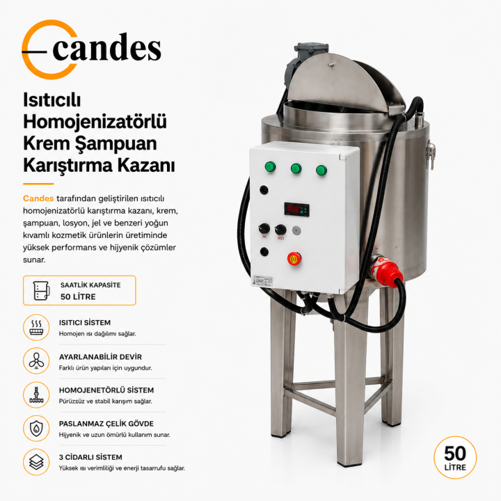 50 Litre Isıtıcılı Krem Karıştırma Tankı | Çift Cidarlı Homojenizatörlü Endüstriyel Mikserli Kazan