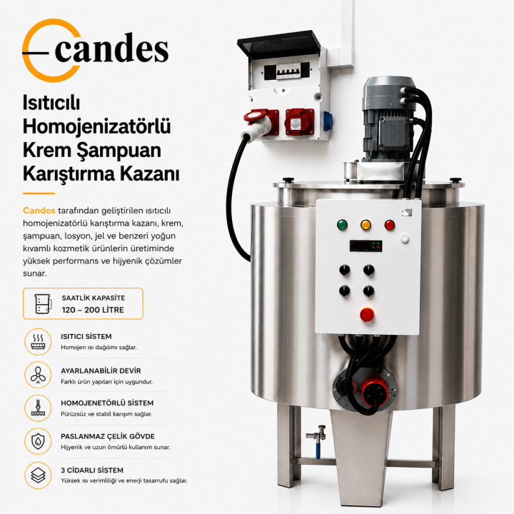 200 Litre Isıtıcılı Krem Karıştırma Tankı | Çift Cidarlı Homojenizatörlü Endüstriyel Mikserli Kazan