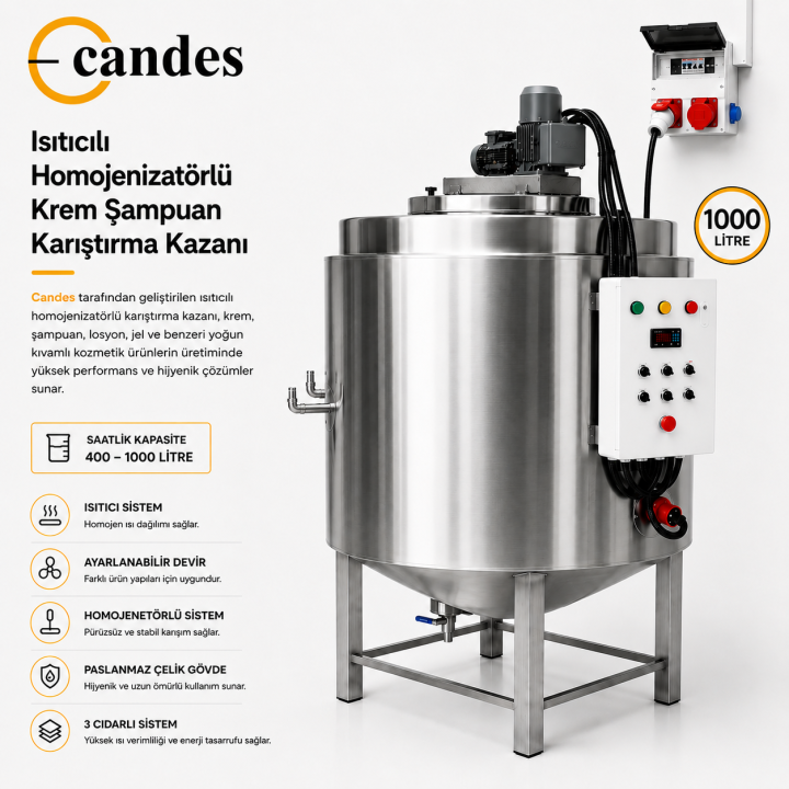 1000 Litre Isıtıcılı Krem Karıştırma Tankı | Çift Cidarlı Homojenizatörlü Endüstriyel Mikserli Kazan